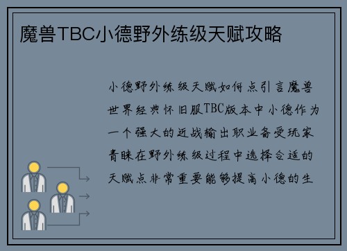 魔兽TBC小德野外练级天赋攻略